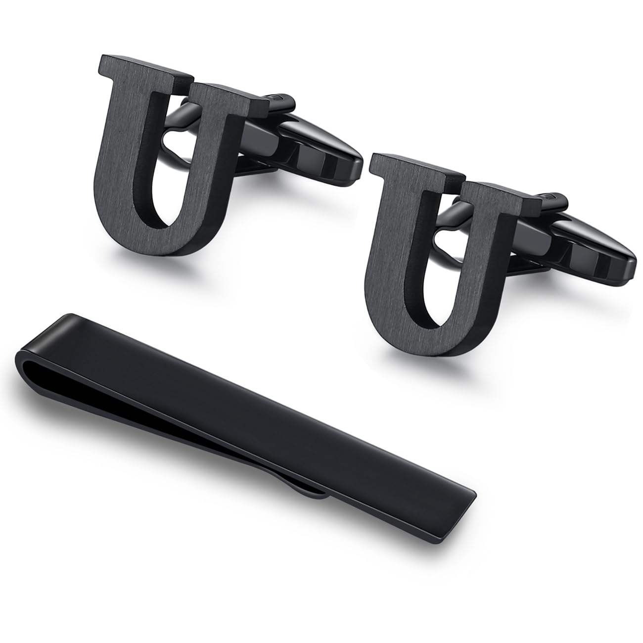 Honey Bear Initial Alphabet Letter Cufflinks Tie Clip Set for Mens - Black Stainless Steel, for Business Wedding Gift A - Z (U) — image 1