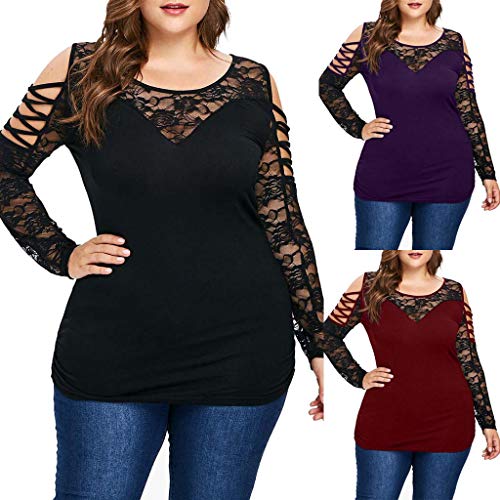 Blouse for Women Plus Size Elegant,SMALLE◕‿◕ Womens Fashion Criss Cross Cold Shoulder Splice Transparent Lace Blouse Wine
