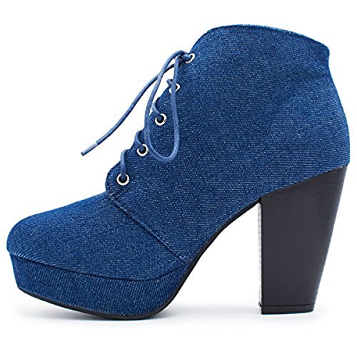 Forever Camille-86 Women s Comfort Stacked Chunky Heel Lace Up Ankle Booties, mve Shoes camille-86 Blues dem Size 8.5