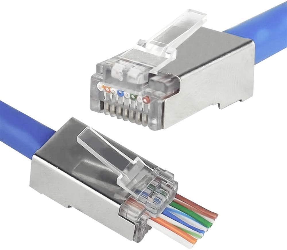 50pcs Shielded CAT6 Connectors Rj45 Pass Through Ends Gold Plated Network Plugs CAT6 Cable Ends for 24 AWG Ethernet Cable