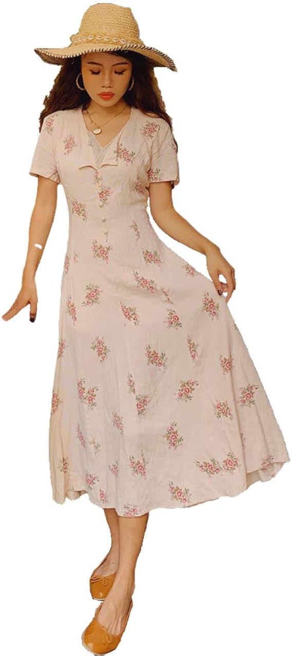 Amazon Co Jp Xiaocha 夏 サマ ワンピース レースvネック花柄 ロング丈 シフォン きれいめ エレガント フェミニン 半袖 Aライン エレガント かわいい 服 ファッション小物
