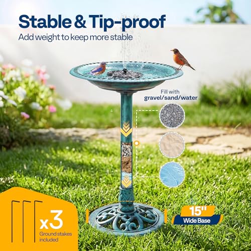 VIVOHOME Bird Bath with Solar Fountain Antique Bird Bath Outdoor Garden Feeding Bowl for Wild Birds Water Drinker, Green