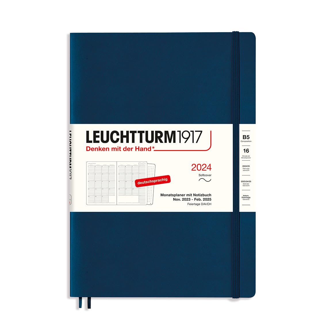LEUCHTTURM1917 367564 Monthly Planner & Notebook Composition (B5) 2024, 16 Months, Softcover, Navy, German