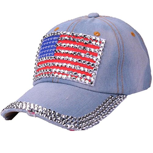 ❤️ Toponly Women American Flag Rhinestone Jeans Denim Baseball Adjustable Bling Hat Cap (B, One size) - Thumbnail 2