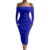 LAGSHIAN Women Sexy Off Shoulder Long Sleeve Bodycon Ruched Midi Elegant Cocktail Party Dress