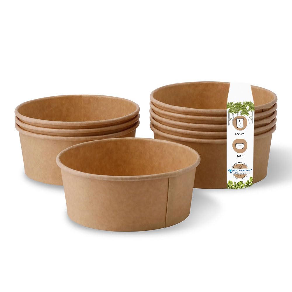 BIOZOYG Kraft-Board Bowl 650 ml I 50 pcs. compostable Soup Bowls Made of Kraft Board - Salad Bowl with PLA Coating I to-go Dishes Without Plastic I Cardboard Bowls Brown Round 50 Pieces
