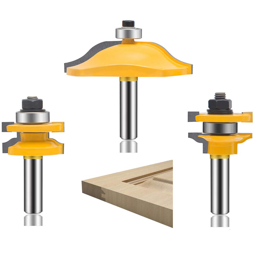 LUBEIN 3 PCS Router Bit Set, 1/2-Inch Shank Round Over Raised Panel Cabinet Door Rail and Stile Router Bits, Woodworking Wood Cutter, Wood Carbide Groove Tongue Milling Tool (AB1-7)