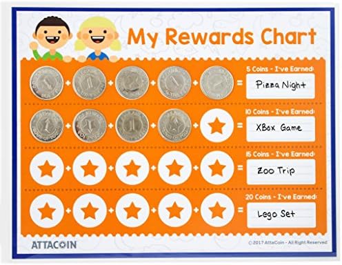 Chore Chart, 20 Real Metal Coins, 1 Wet Erase Vis-a-Vis Marker - Thick, Laminated AttaCoin Mat - Provide Positive Reinforcement - Great to Teach Responsibility