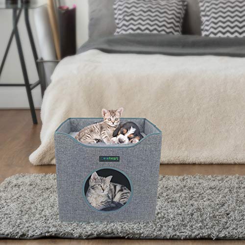 JESPET Foldable Cat Condo, Cat Cube House & Sleeper Bed with Lying Surface 2 Reversible Cushions, Cat Hiding Place, Cat Cave, Linenette Fabric, Felt and Engineered Wood, Scratch Resistant, Smoke Gray