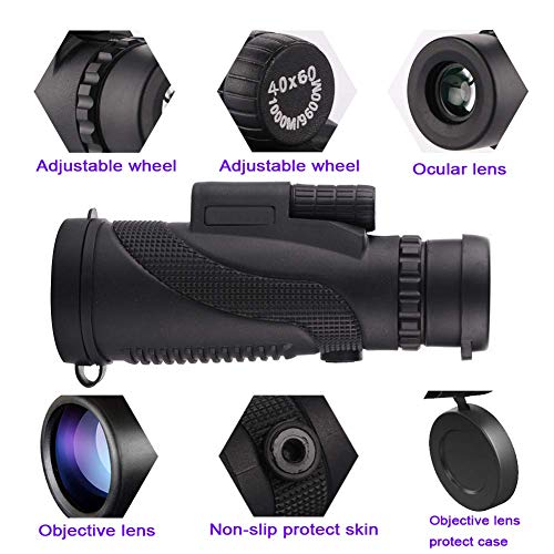 Monocular Telescope, 40X60 HD Waterproof- Shockproof- Phone Mount Adapter- High Power Monocular- for Bird Watching Hunting Camping Hiking Travelling Sporting Monocular-Black
