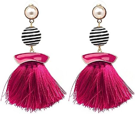 Women's Beaded Tassel Earrings Long Fringe Drop Earrings Dangle 4 Colors (Rose)