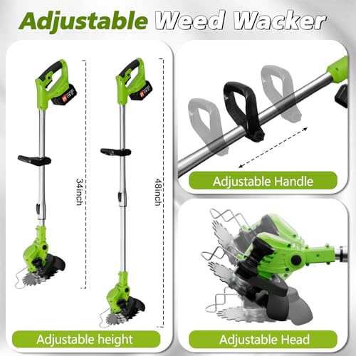 Electric Weed Wacker Cordless, 21V Weed Cordless Eater with 2 Batteries and 3 Types Blades, 3 in 1 Brush Cutter/Grass Trimmer/Lawn Edger for Garden Yard (Green)