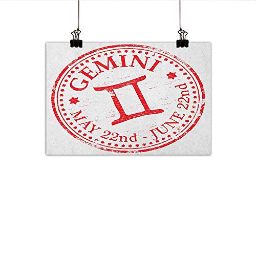 MartinDecor Zodiac Gemini Chinese Classical Oil Painting Weathered Old Rubber Stamp Design Vintage Circle Stars Sign and Dates for Living Room Bedroom Hallway Office 35"x24" Scarlet and White