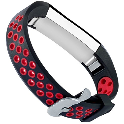 Maledan Replacement Bands Compatible for Fitbit Alta, Fitbit Alta HR and Fitbit Ace, Accessory Sport Bands Air Holes Breathable Strap Wristbands with Stainless Steel Buckle, Black/Red, Small - Thumbnail 2