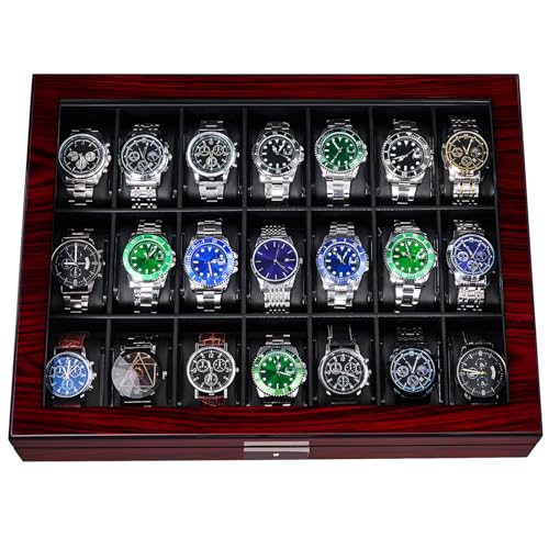 ANWBROAD 21 Slot Watch Cases for Men Watch Box with Large Glass Lid Lockable Wood Watch Display Case Watch Organizer Giftable Elegant Watch Holder UJWB004Y