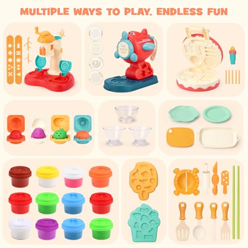 Dreamon 3 in 1 Play Color Dough Set - Ice Cream Noodle Hamburger Maker Machine, Dough Tools Accessories Set, Play Kitchen Accessories, Art Crafts Food Toys for Kids 3 4 5 Years Old
