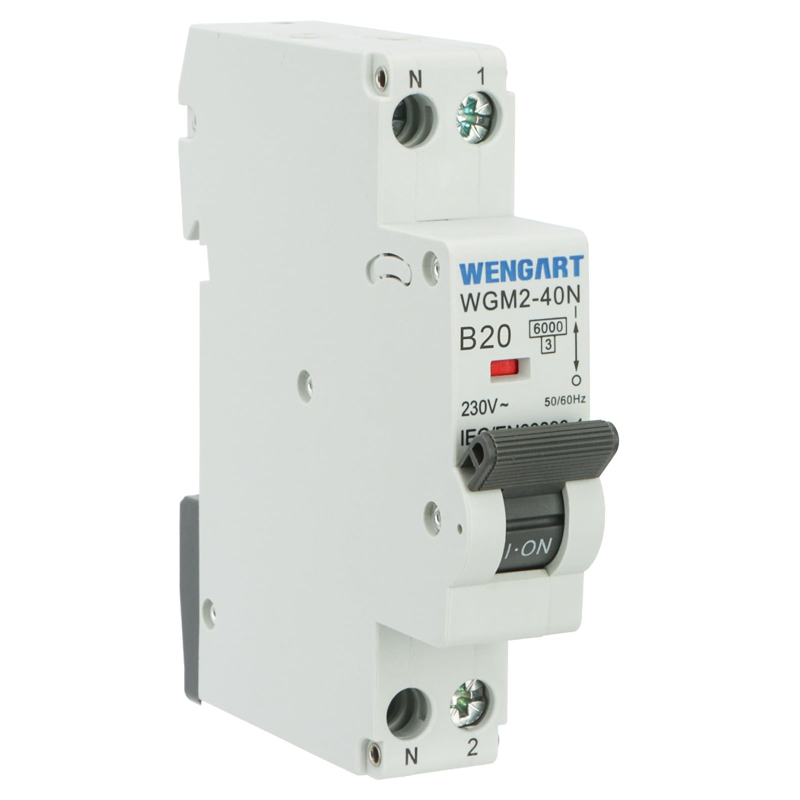 Wengart Miniature Circuit Breaker WGM2-40N, AC230V 20A 1P+N 6kA B-Char, Household/Industrial Electrical Safety Switch, Easy Installation