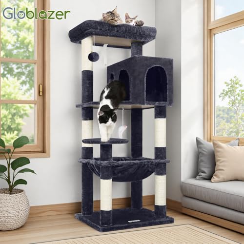 Globlazer Cat Tree 137 cm with Extra Large Hammock 45 x 40 cm, Large Kennels, Padded Platform, Easy to Install Indoor Cat Trees for Adult Cats, Rest Game Scratching (F53, Dark Grey)