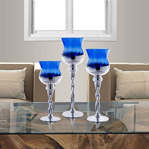 Tulip Hurricane Candle Holders Set of 3, Blue & Silver Glass Twisted Long Stem for Tealight, Votive and Pillar Candles - Home Decor, Wedding Accent, Event or Party Centerpiece - Thumbnail 6
