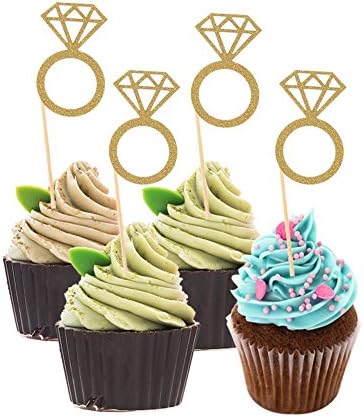 DSSY 50 Pieces Glitter Mini Diamond Ring Cakes Toppers Cupcake Picks Toppers for Anniversary, Birthday Party and Wedding Party Decorations (Golden)