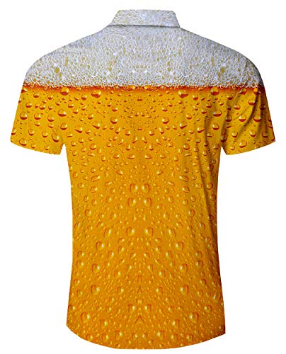 RAISEVERN Hombre Regular Fit 3D Cuello Redondo con Estampado de Cerveza Stag Manga Corta con Botones Camisas Hawaianas Aloha Amarillo