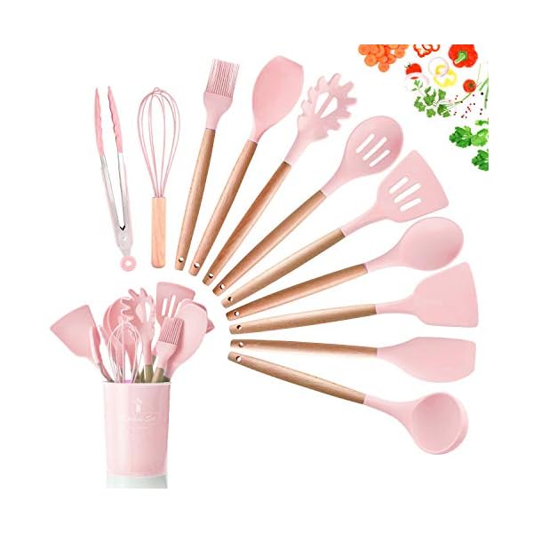 Premium-11pcs-Silicone-Cooking-Kitchen-Utensils-Set-Heat-Resistant-Wooden-Handles-Cooking-Tool-BPA-Free-Non-Toxic-Silicone-Turner-Tongs-Spatula-Spoon-Kitchen-Gadgets-Set-for-Nonstick-Cookware-Pink Premium 11pcs Silicone Cooking Kitchen Utensils Set, Heat Resistant Wooden Handles Cooking Tool, BPA Free Non Toxic…