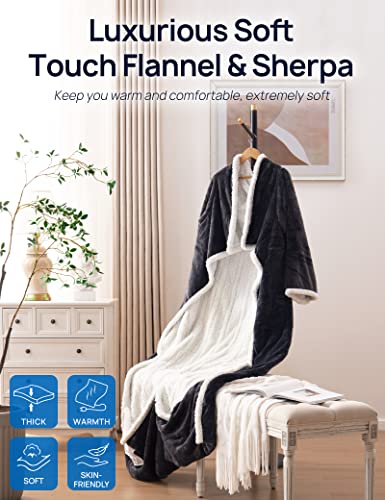 Westinghouse Wearable Heated Blanket with Foot Pocket, Electric Snuggle Throw with Sleeves, Flannel to Sherpa Reversible, 6 Heating Levels & 2-10 Hours Heating Time Settings, 50 * 70"+18", Grey