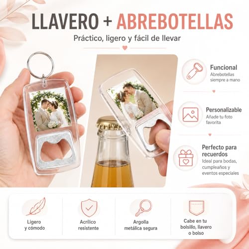 Llavero Destapador de Cerveza 50 Piezas, Destapadores para Recuerdos con Marco Acrílico para Foto 3.2 x 3.2 cm, Abridor de Botellas para Boda, XV Años, Bautizo, Cumpleaños, Fiestas y Eventos