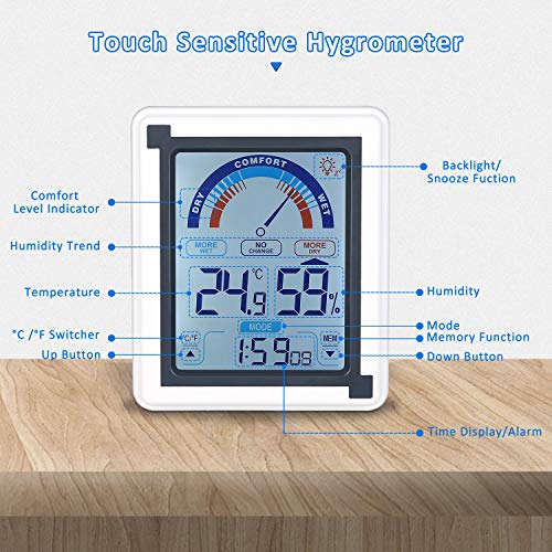 Zeonetak Digital Hygrometer Indoor Thermometer, Indoor Humidity Gauge Indicator for Baby Room Home Office Kitchen Greenhouse with Touch LED Screen Wireless Time Display