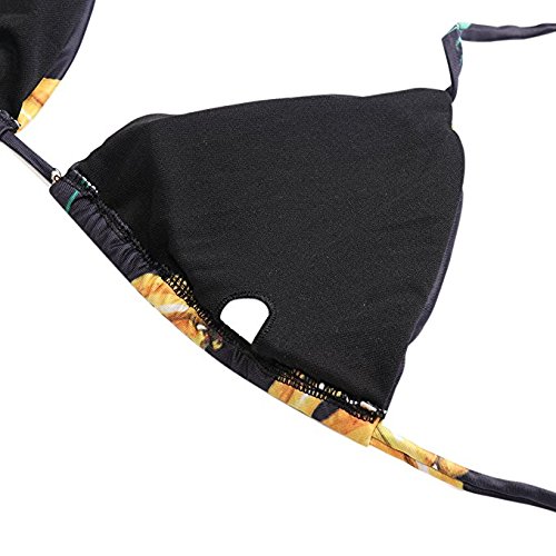 Women’s 2 Pcs Triangle Padding Bra Top High Leg Cut Bottoms Sexy Thong Bikini Set Bathing Suit 3D Printing Black Yellow Green Leaves Push up Halter Swimwear Bikini Beachwear Bandage Bathing Suit