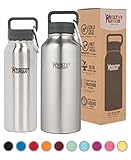 Healthy Human 32 oz Water Bottle - Cold 24 Hrs, Hot 12 Hrs. 4 Sizes & 12 Colors. Double Walled Vacuum Insulated Stainless Steel Thermos Flask with Carabiner & Hydro Guide. Color: Brushed Steel