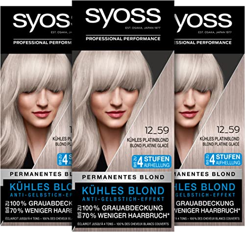 Syoss Color Coloration 12_59 Kühles Platinblond Aufheller Stufe 3 (3 x 115 ml), Haarfarbe mit Anti-Gelbstich-Effekt für kühles Blond, bis zu 70 % weni