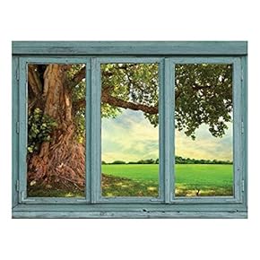 Old Knotted Tree with Winding Roots and Green Leaves on The Edge of a Verdant Field - Wall Mural, Removable Sticker, Home Decor - 24x32 inches