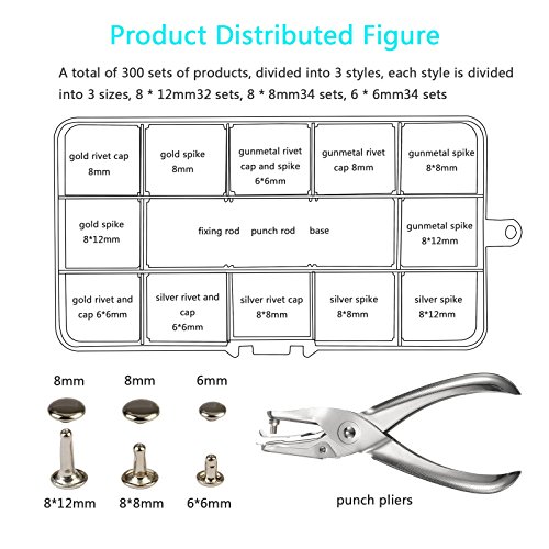 300 Sets 3 Sizes Leather Rivets LANMOK Double Cap Rivet Buttons Press Studs with Pliers and 3 Pieces Fixing Set Tools for Rivets Replacement DIY Craft Repairing Decoration - Thumbnail 5