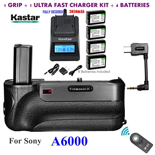 Kastar Infrared Remote Control Pro Vertical Battery Grip (Built-In 2.4G Wireless Contro) + 4 x NP-FW50 Replacement Batteries + Ultra Fast Charger Kit for Sony ILCE-A6000 / A6000 Digital SLR Camera