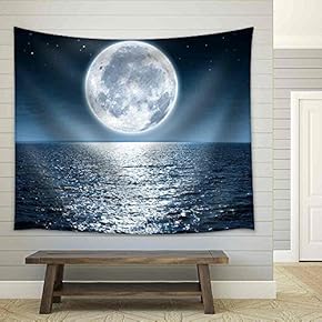Full Moon Rising Over The Ocean Empty at Night with Copy Space - Fabric Wall Tapestry Home Decor - 51x60 inches