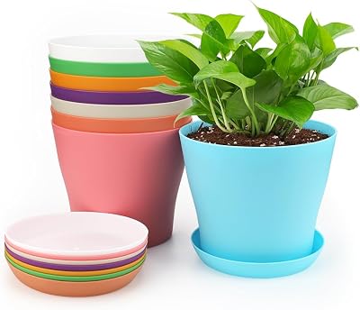KINGLAKE 8Pcs 10cm Plastic Colorful Plant Pots with Trays Indoor Garden Set