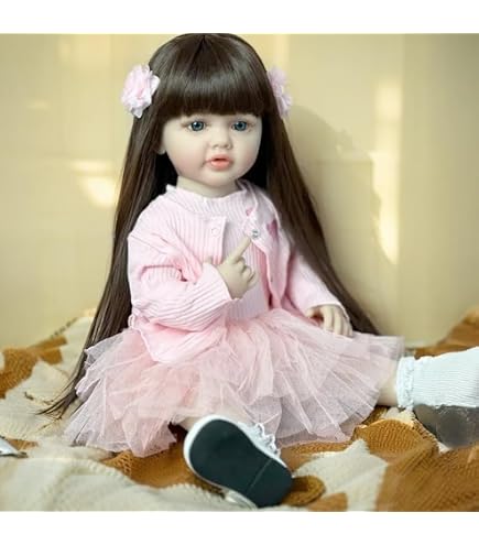 Muñeca Reborn De Silicona 55 Cm Con Pelo Castaño Y Conjunto Rosa – Articulada Y Lavable