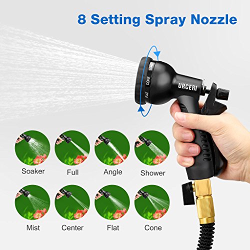 URCERI 25 foot Expandable Garden Hose with 3/4" Solid Brass Fittings , 8 Function Spray Nozzle , Shut Off Valve and Carrying Bag