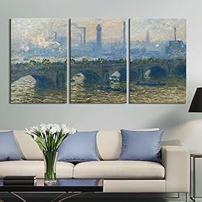 3 Panel Canvas Wall Art - Waterloo Bridge, Overcast, 1903 by Claude Monet - Giclee Print Gallery Wrap Modern Home Art Ready to Hang - 16"x24" x 3 Panels