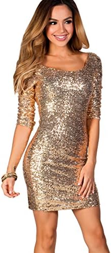 Babe Society Women's Gold Sequin Short Scoop Neck Dress With Sleeves Large