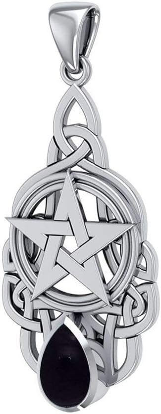 Sterling Silver 925 Pentacle Pendant with Celtic Knots and Synthetic Black Onyx Teardrop