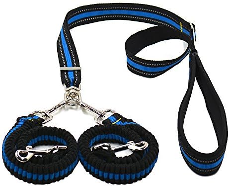 YamaziHD Double Dog Leash, 360 degree Swivel No Tangle Double Dog Leash Coupler & Shock Absorbing Bungee Lead with Padded Handle Reflective Leash for Two Small/Medium/Large Dogs