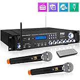 Bluetooth Home Audio Power Amplifier -4 Ch. 3000W, Stereo Receiver w/ Speaker Selector, FM Radio, USB, Headphone, 2 Wireless Mics for Karaoke, Great for Home Entertainment System - Pyle PWMA4001BT
