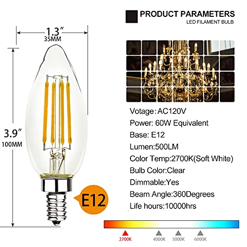 LED Chandelier Bulbs 60 watt, Dimmable B10 LED Candelabra Bulb, Soft
