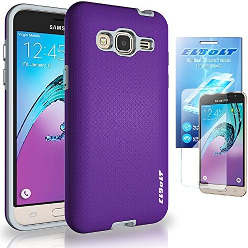 ElBolt Dual Layer Air Hybrid AIRID Bumper Case with HD Screen Protector for Samsung Galaxy J3 (2016) Amp Prime - Rugged Purple