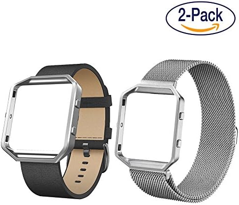 DIGITAL GADGETS Fitbit Blaze Lifestyle Accessory Watch Band Variety 2 Pack, Milanese Stainless Steel + Genuine Leather, Replacement Strap For Fitbit Smart Fitness Watch – Silver + Black - Large