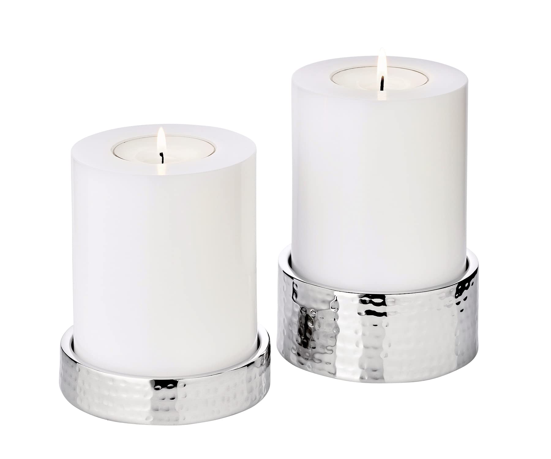 EDZARD Luca candle holders, hammered stainless steel, highly polished, for pillar candles, ideal for the Cornelius permanent candle Set of 2 (Silver Polished, 11.5 cm, H 2.5 cm and 5 cm, 10 cm)