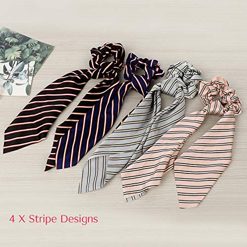 Silk Satin Hair Scrunchies Scarf, 12 Pcs Ribbon Bow Scrunchies, Soft Scarf Hair Ties Bowknot Ponytail Holder for Women Girls, Including 4 Solid Colors & 4 Stripe Styles & 4 Flower Pattern