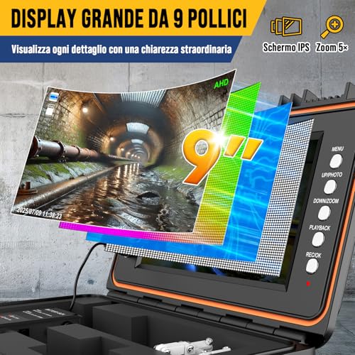 Dnenellr Tube Inspection Camera with 512Hz Probe and Auto-Leveling Function 1080P, Cable with Metric Marks, 9 Inch HD IPS Screen, 32GB DVR, 5100mAh Battery, Waterproof IP68 (20M)